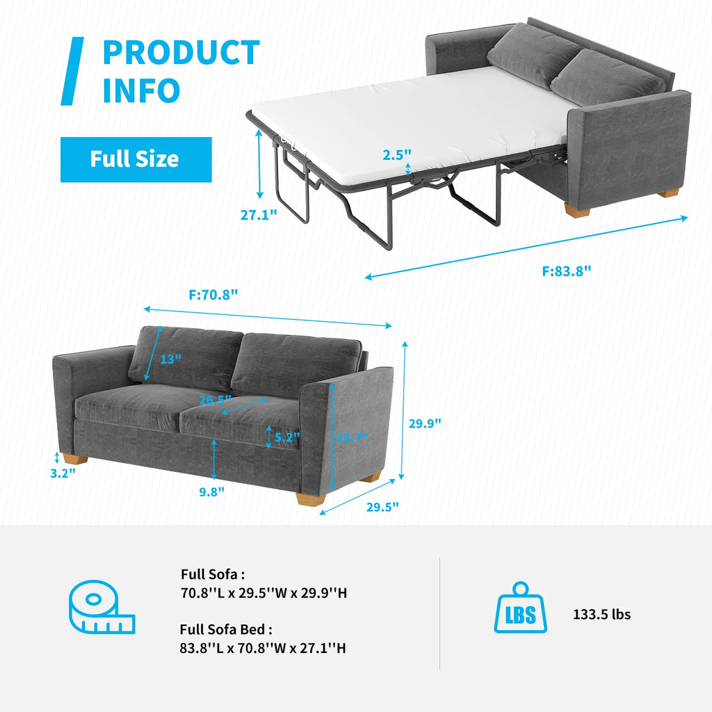 Grey Full Pull Out Sofa Bed with Memory Foam Mattress B33286