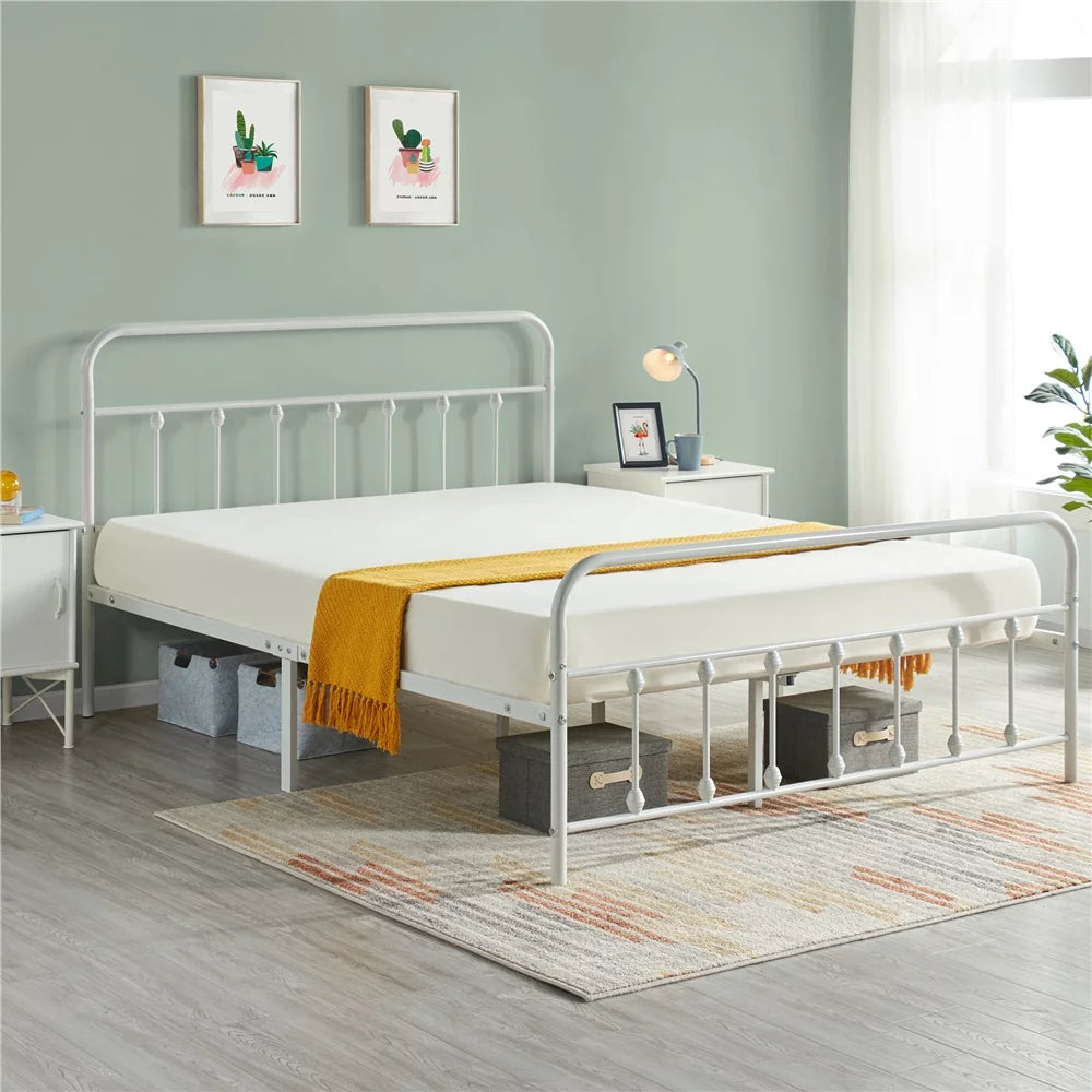 Queen Metal Bed Frame with Spindle Headboard & Footboard, White A7072
