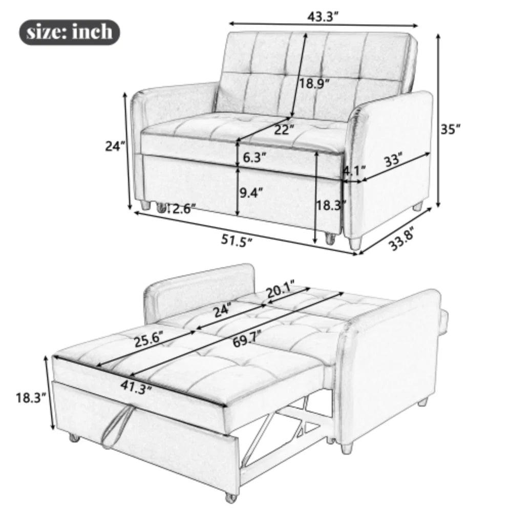51" Convertible Sleeper Bed, Adjustable Oversized Armchair with Dual USB Ports S40146