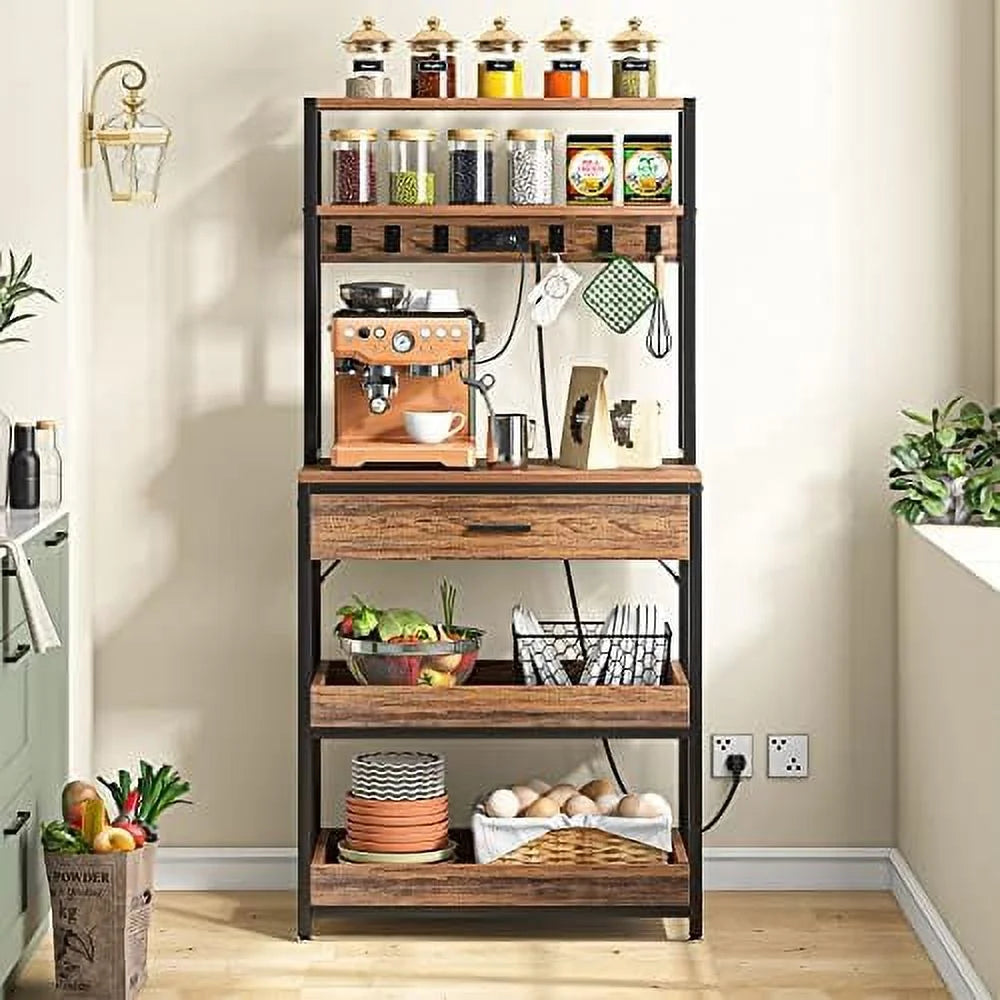 Rustic Brown 5-Tier Kitchen Bakers Rack with Power Outlets E87119