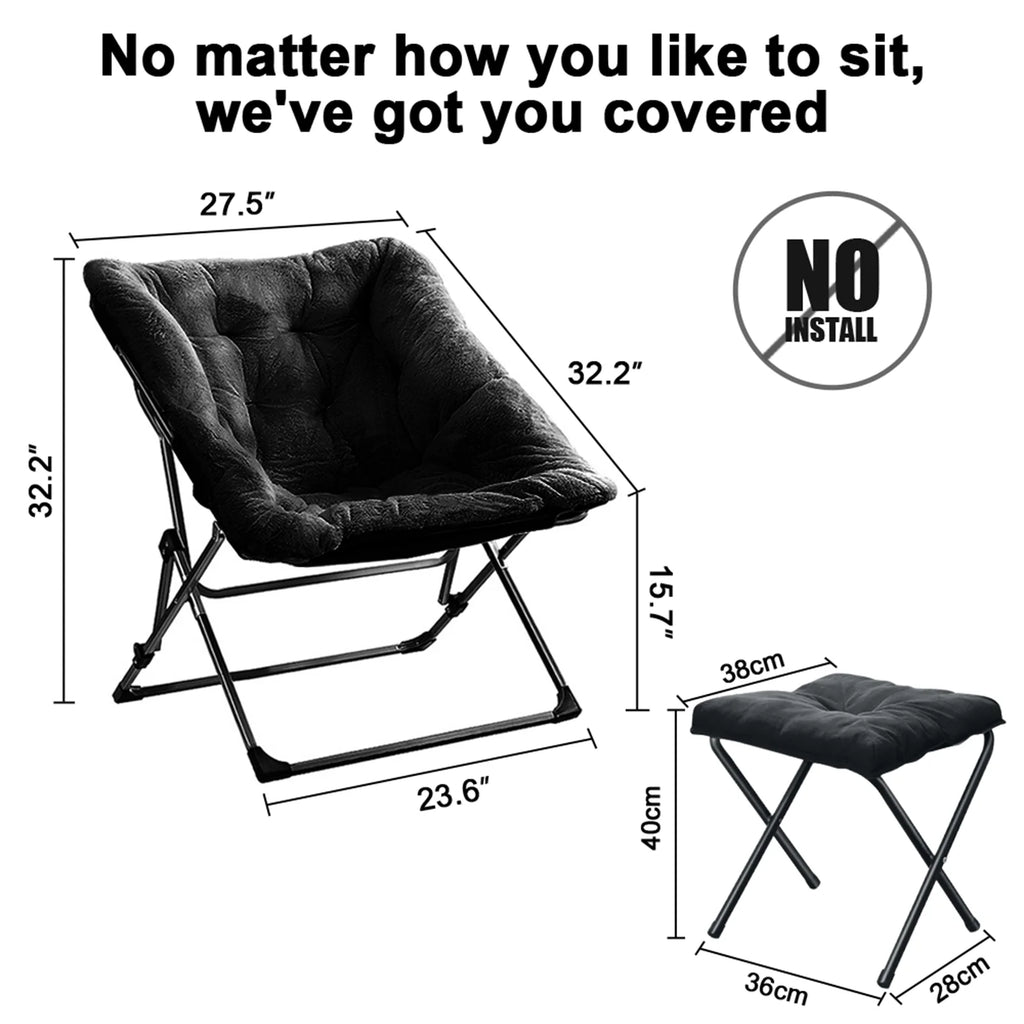 Black Faux Fur Folding Lounge Chair with Ottoman X337769