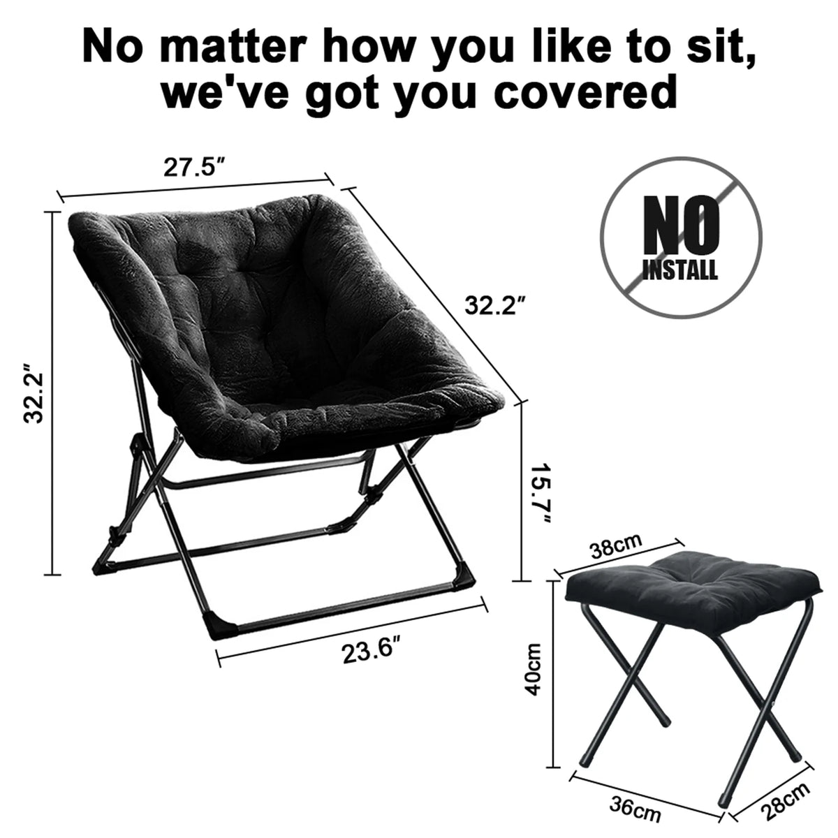 Black Faux Fur Folding Lounge Chair with Ottoman X337769