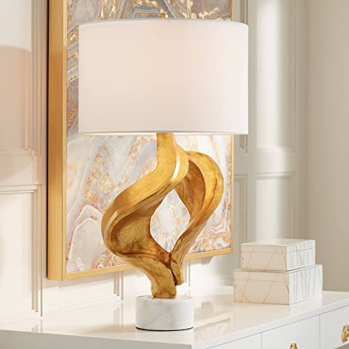 31" Tall Gold Leaf White Fabric Drum Shade Table Lamp Z856