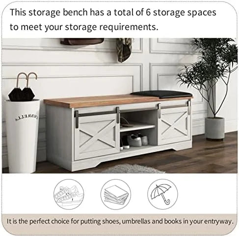 42” Rustic Solid Wood Shoe Bench with Linen Cushion D978844