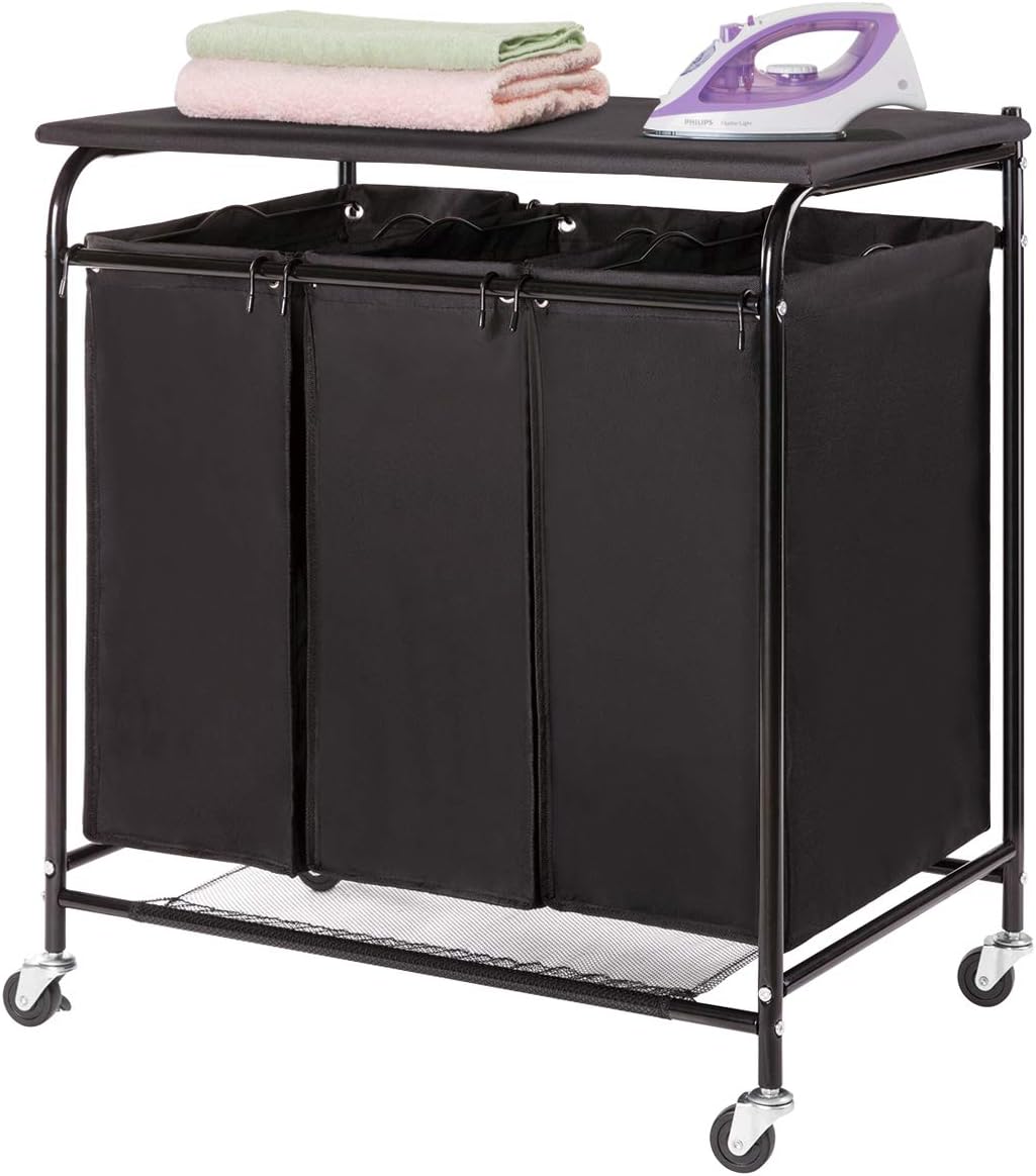 3-Bag Laundry Sorter Cart with Ironing Board Black V840