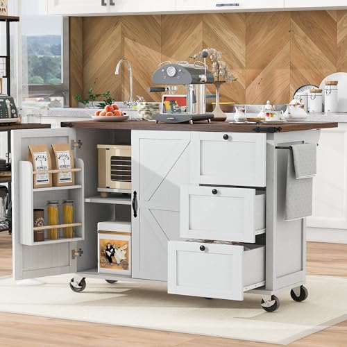 White Kitchen Island with Drop Leaf and Drawer F3683