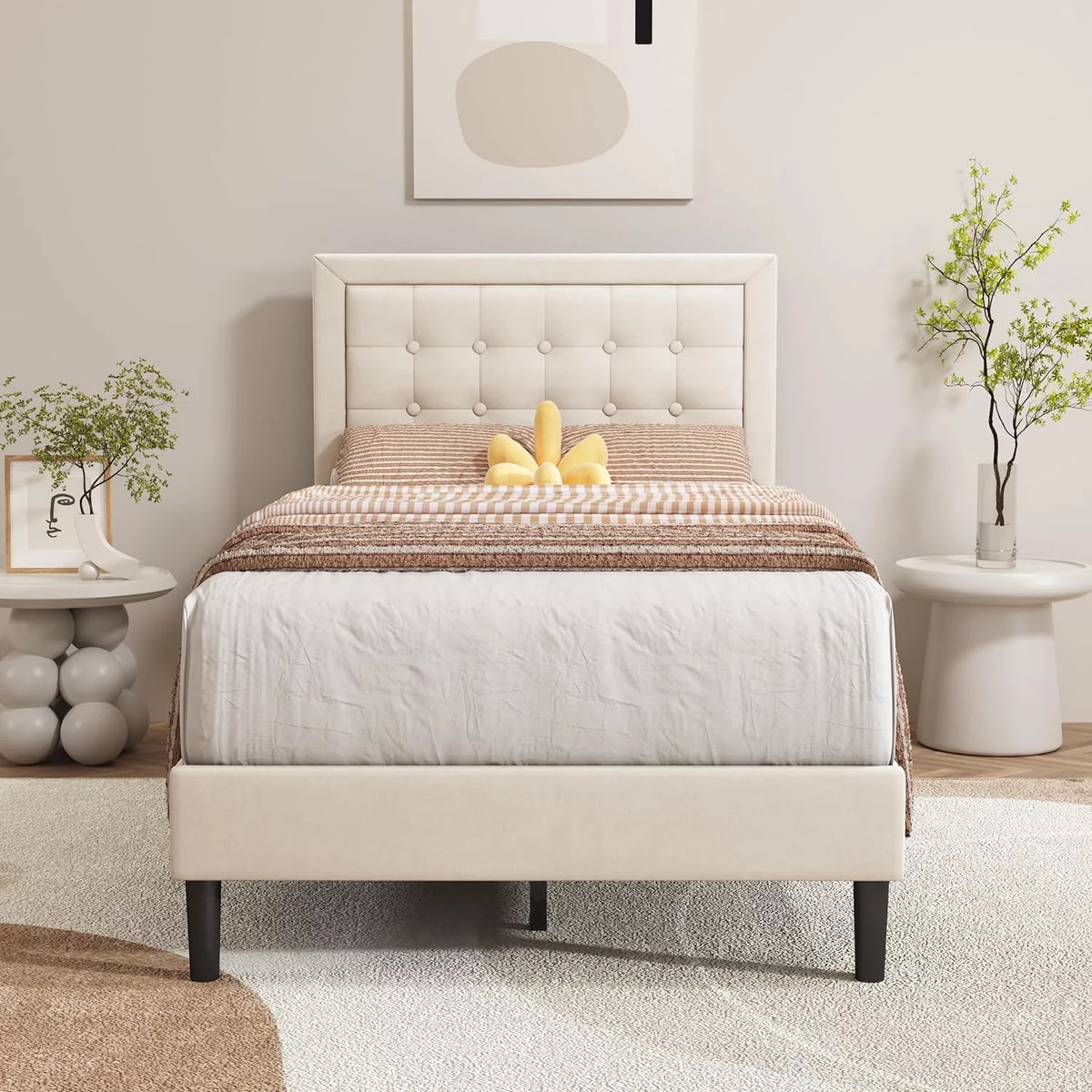Pink Velvet Upholstered Platform Bed Frame Twin Size M656