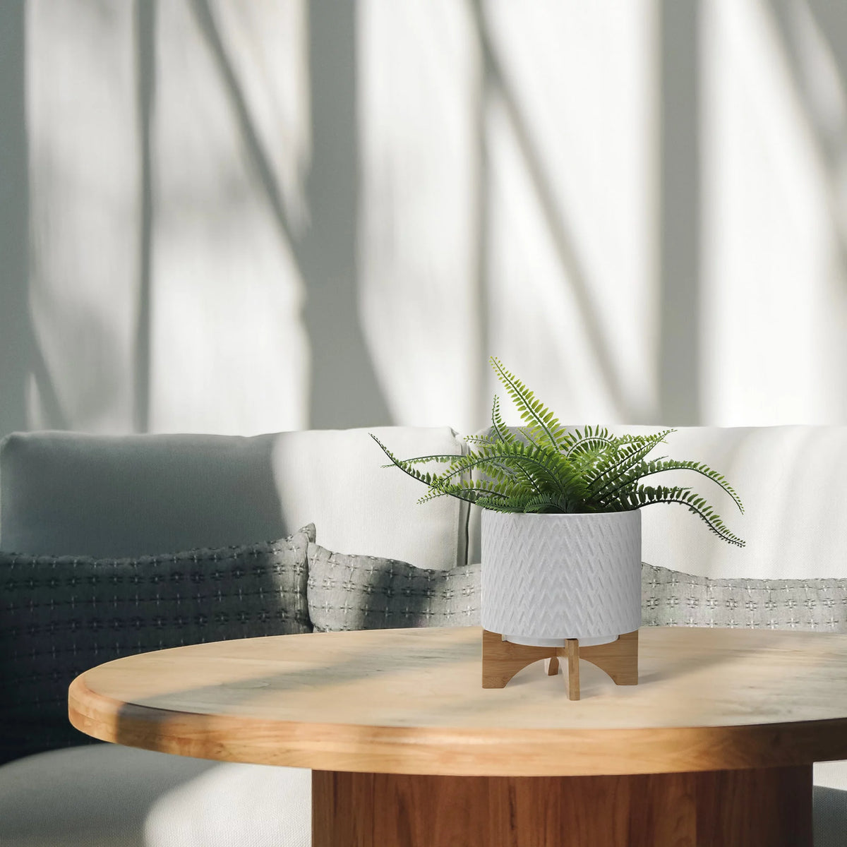 White Ceramic Chevron Planter With Stand P67399