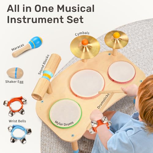 11-in-1 Kids Drum Set with Bongo Drums, Cymbals, Maracas & Wrist Bells H7298