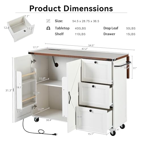 White Kitchen Island with Drop Leaf and Drawer F3683