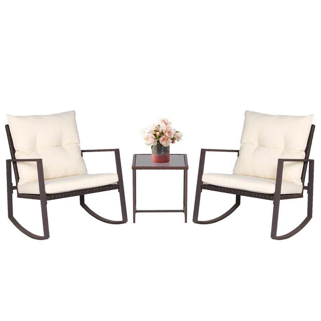 Brown Wicker 3-Piece Rocking Chairs Set with Beige Cushions & Glass Coffee Table I39329
