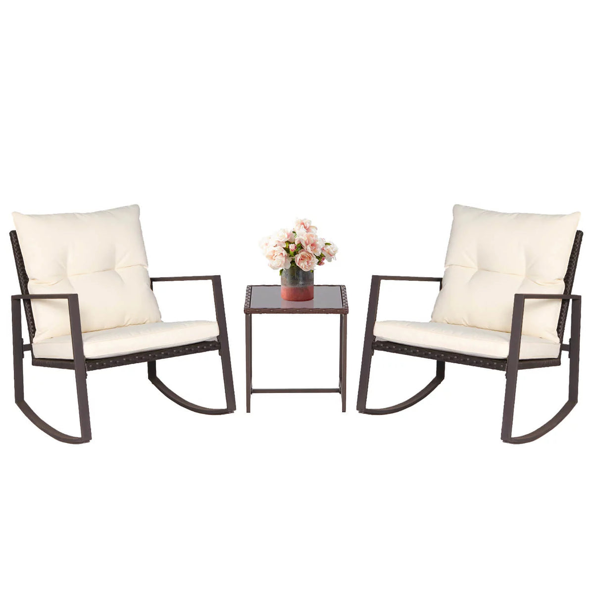 Brown Wicker 3-Piece Rocking Chairs Set with Beige Cushions & Glass Coffee Table I39329