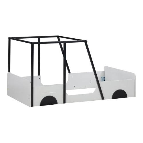 Twin Size Solid Wood Car Bed Frame with Wheels and Door A342481
