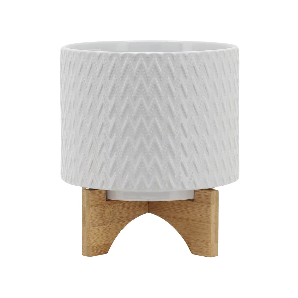 White Ceramic Chevron Planter With Stand P67399