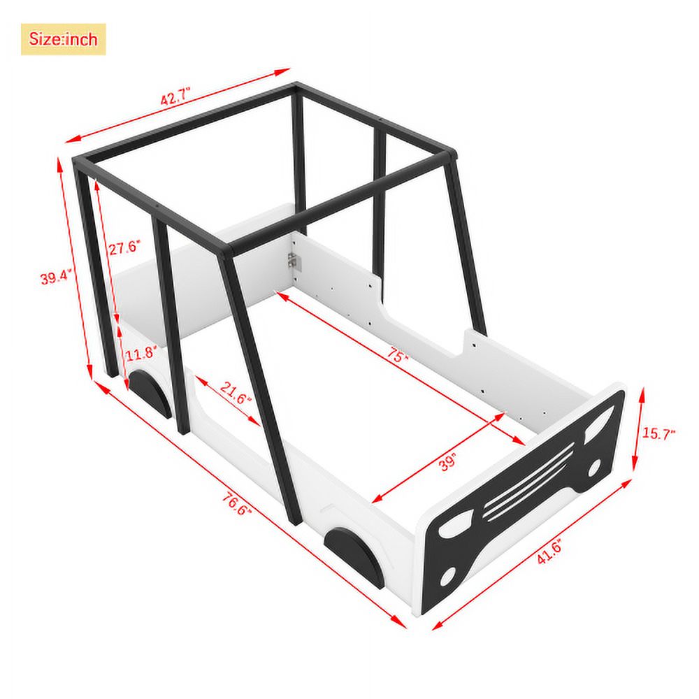 Twin Size Solid Wood Car Bed Frame with Wheels and Door A342481