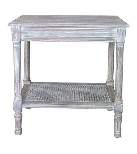 Vintage Grey Side Table with Rattan Shelf U9622