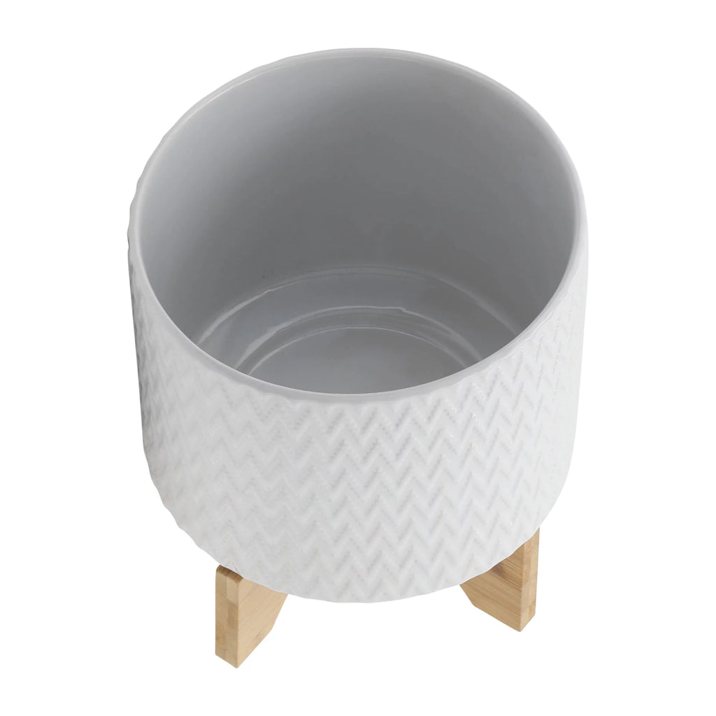 White Ceramic Chevron Planter With Stand P67399
