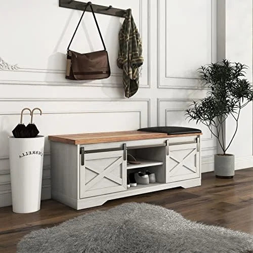42” Rustic Solid Wood Shoe Bench with Linen Cushion D978844