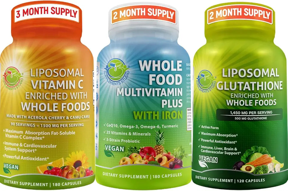 Vegan Whole Food Daily Multivitamin with Iron, Liposomal Vitamin C Capsules & Liposomal Glutathione Capsules S595