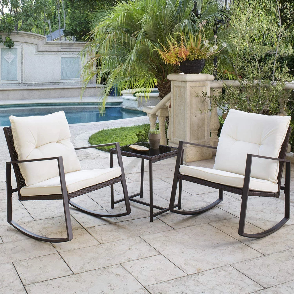 Brown Wicker 3-Piece Rocking Chairs Set with Beige Cushions & Glass Coffee Table I39329