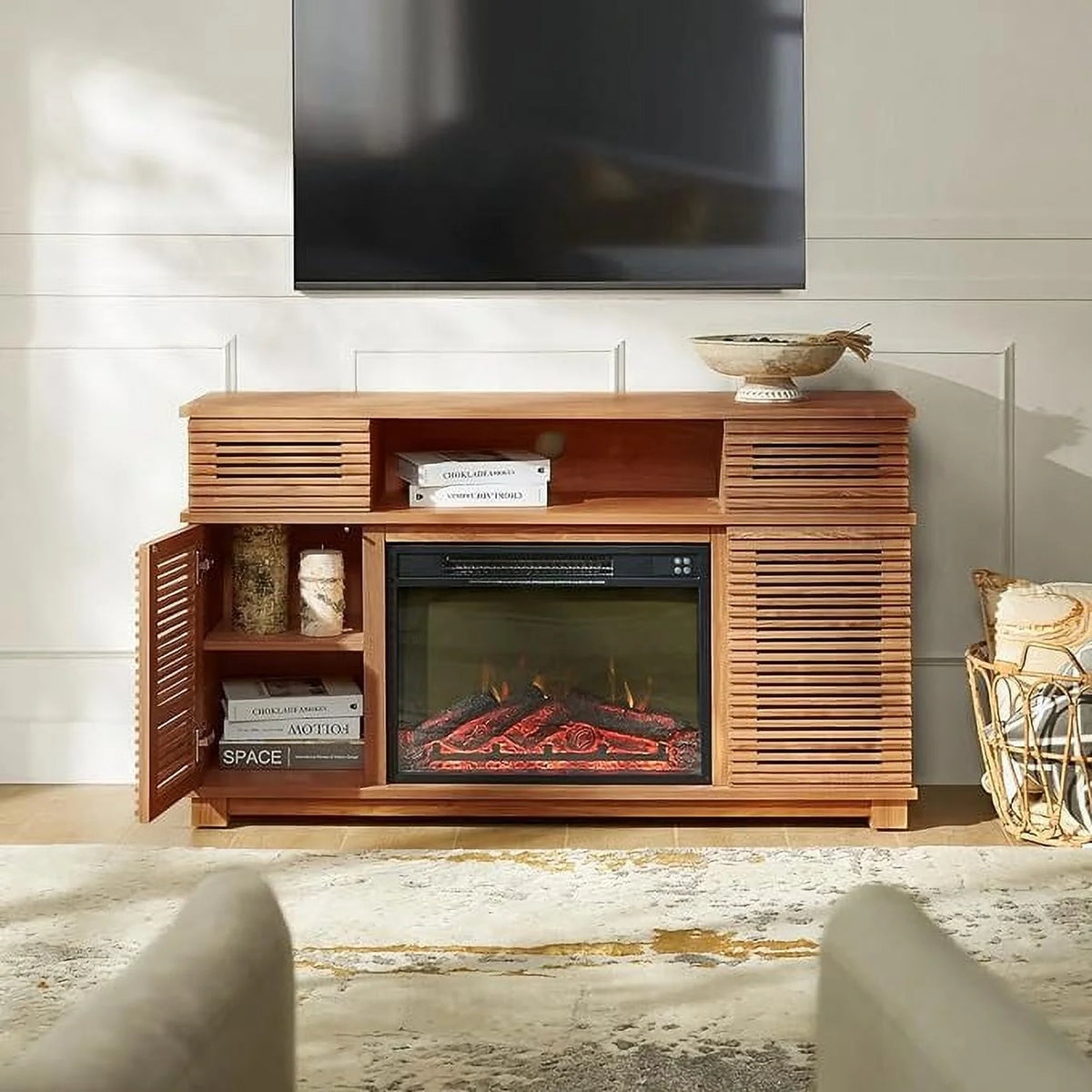 52 Fireplace TV Stand Farmhouse 2 Drawers Adjustable Electric Wood Media Console Cabinet J8074