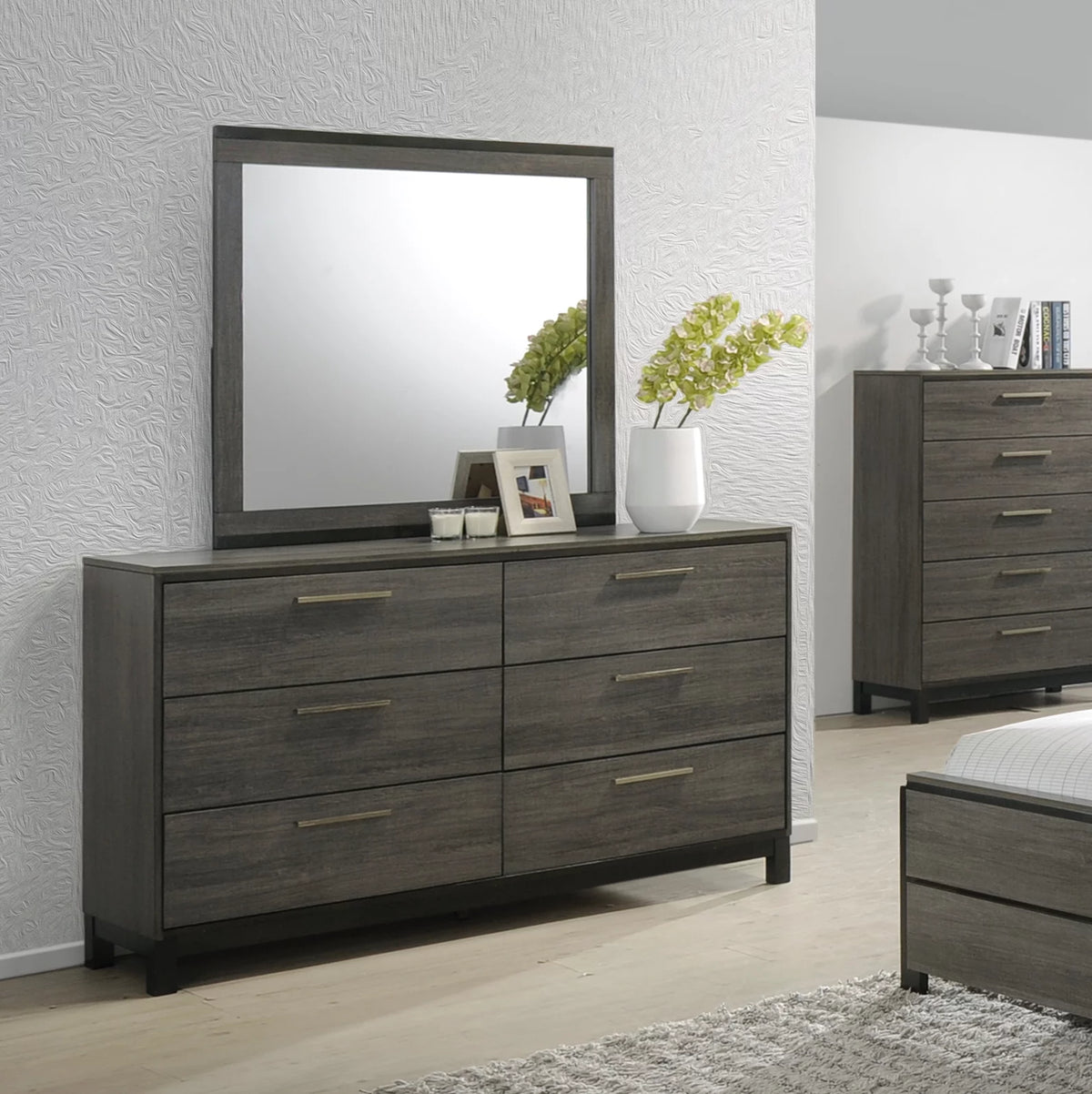 Antique Grey Wood 6 Drawers Dresser and Mirror A2063