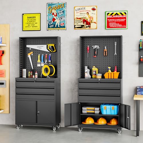 Black Metal Storage Cabinet with Wheels and Drawers H926