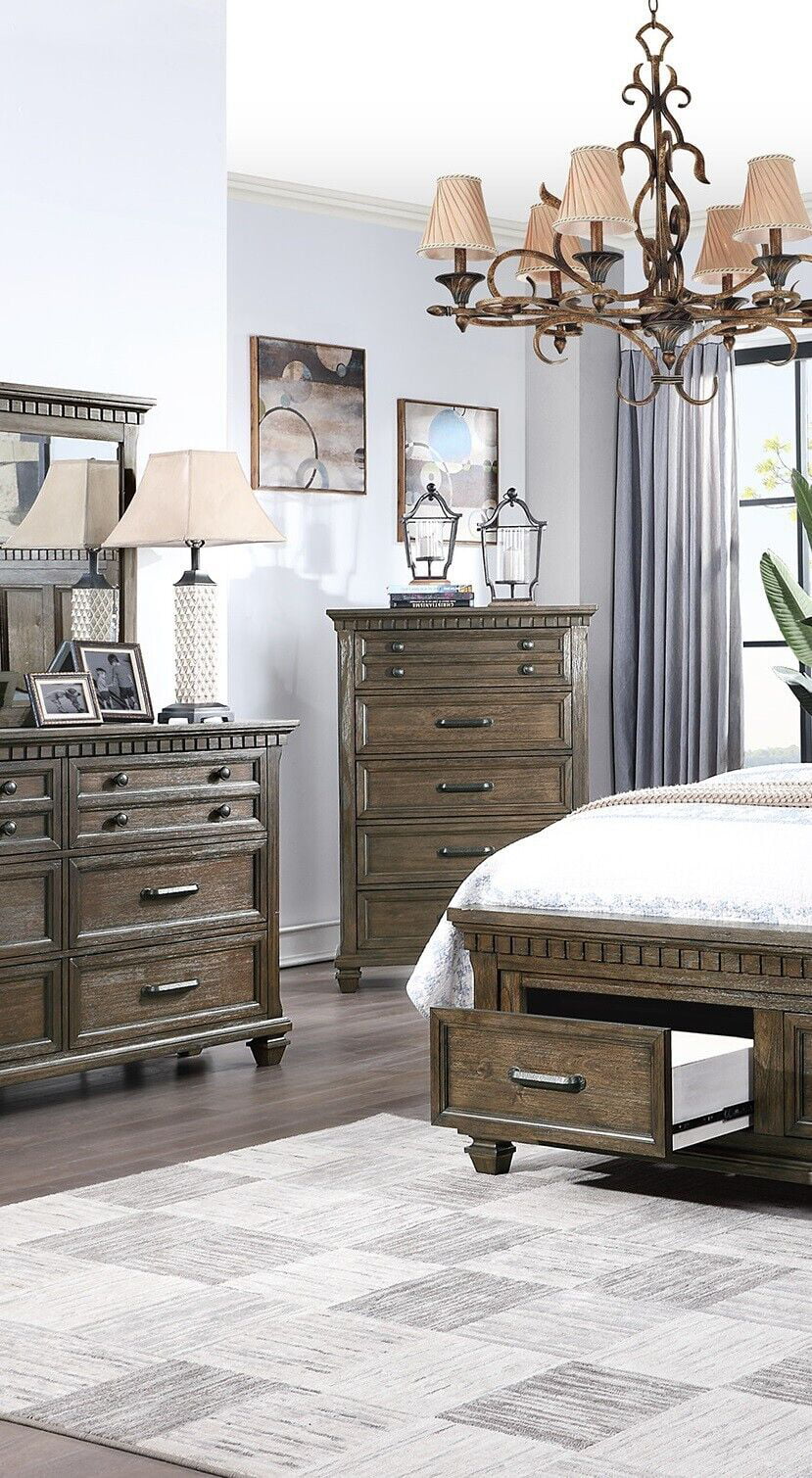 6pc Bedroom Furniture Set California King Size Bed Dresser Mirror Nightstands Chest Wooden Storage C76500