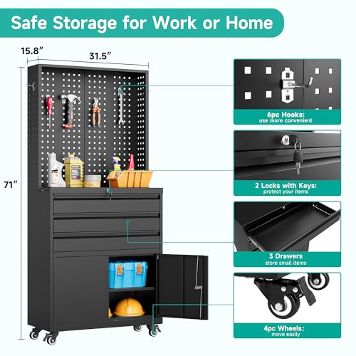 Black Metal Storage Cabinet with Wheels and Drawers H926