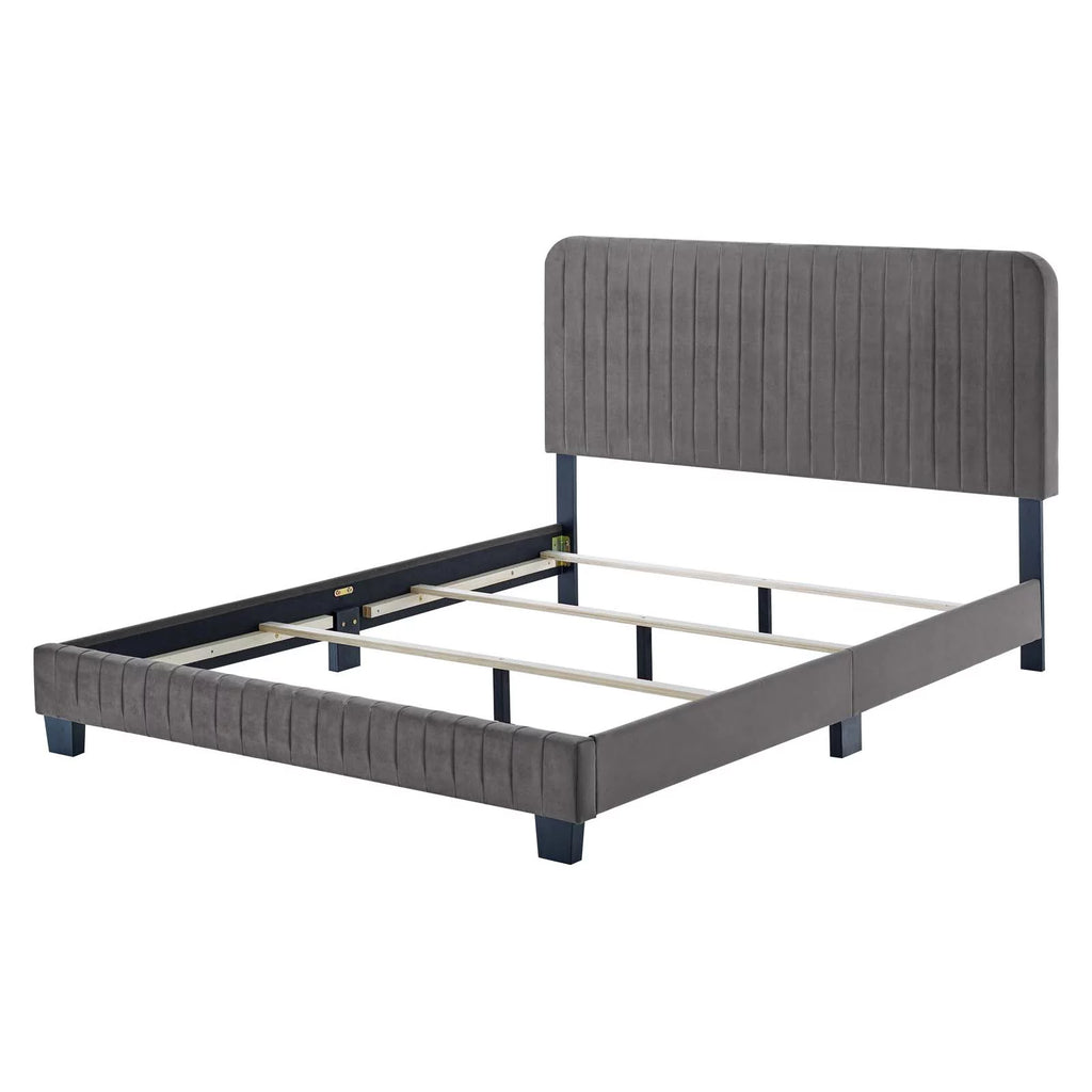 King Size Grey Velvet Tufted Platform Bed Frame E9079