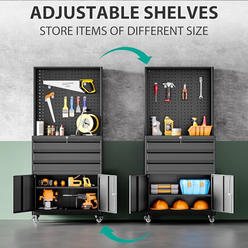 Black Metal Storage Cabinet with Wheels and Drawers H926
