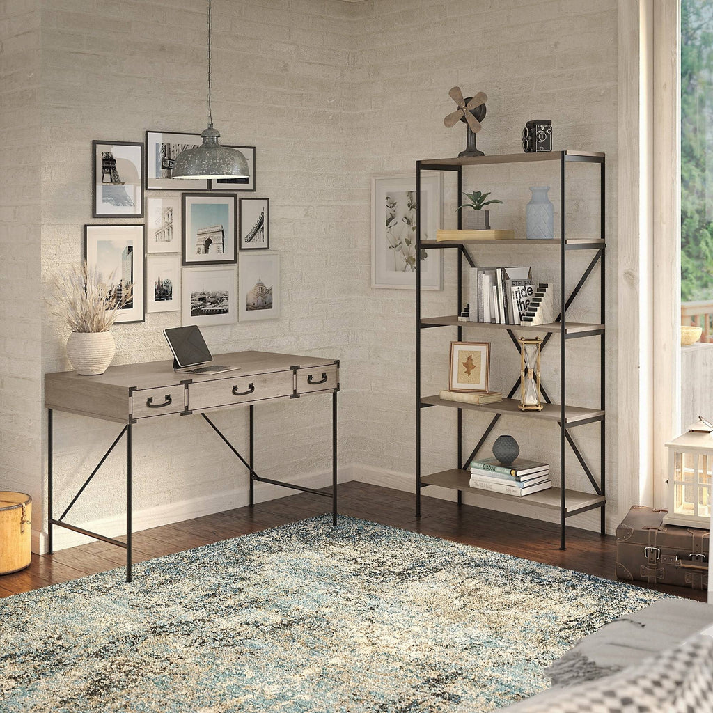 48W Writing Desk with Drawers and 5 Shelf Etagere Bookcase, Restored Gray W608