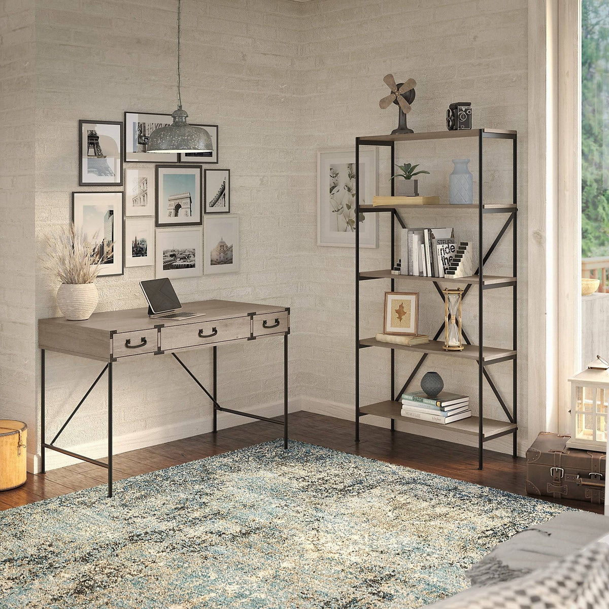 48W Writing Desk with Drawers and 5 Shelf Etagere Bookcase, Restored Gray W608