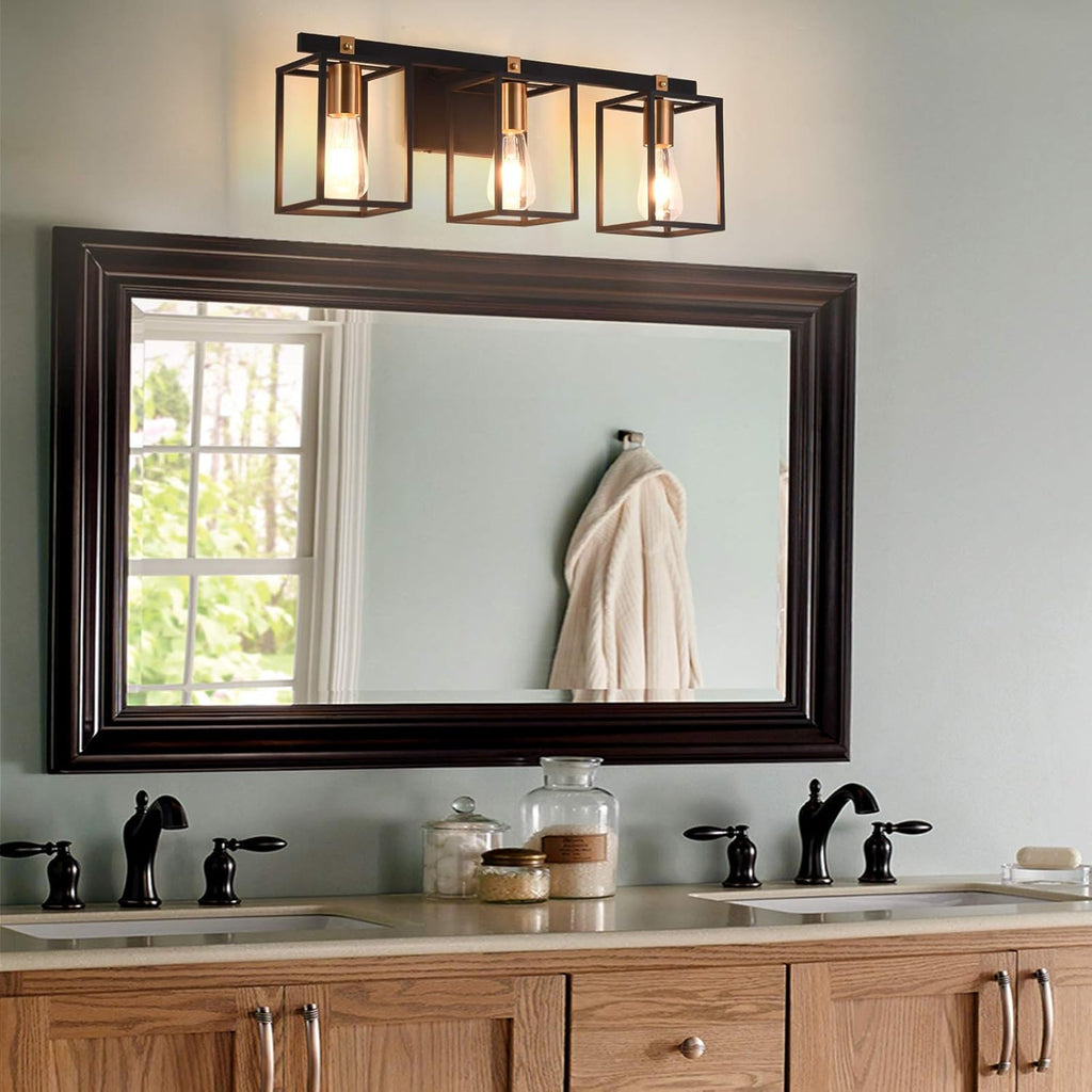 Black and Antique Brass Metal Cage Bathroom Vanity Light V776877