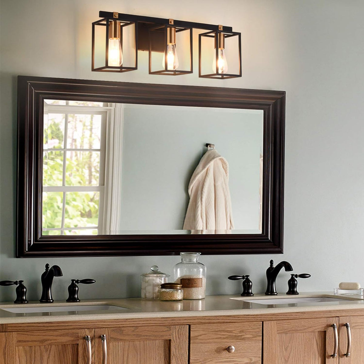 Black and Antique Brass Metal Cage Bathroom Vanity Light V776877