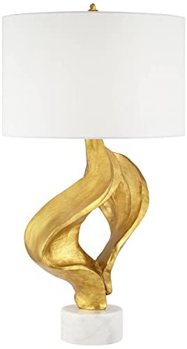 31" Tall Gold Leaf White Fabric Drum Shade Table Lamp Z856