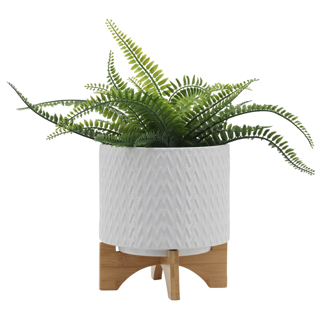 White Ceramic Chevron Planter With Stand P67399