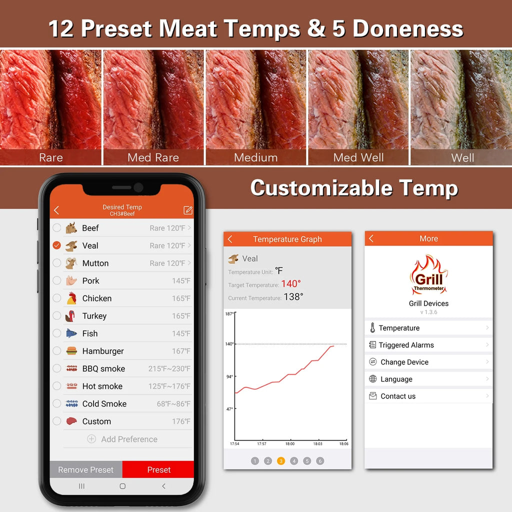 6-Probe Bluetooth Meat Thermometer with LCD Display Y16571