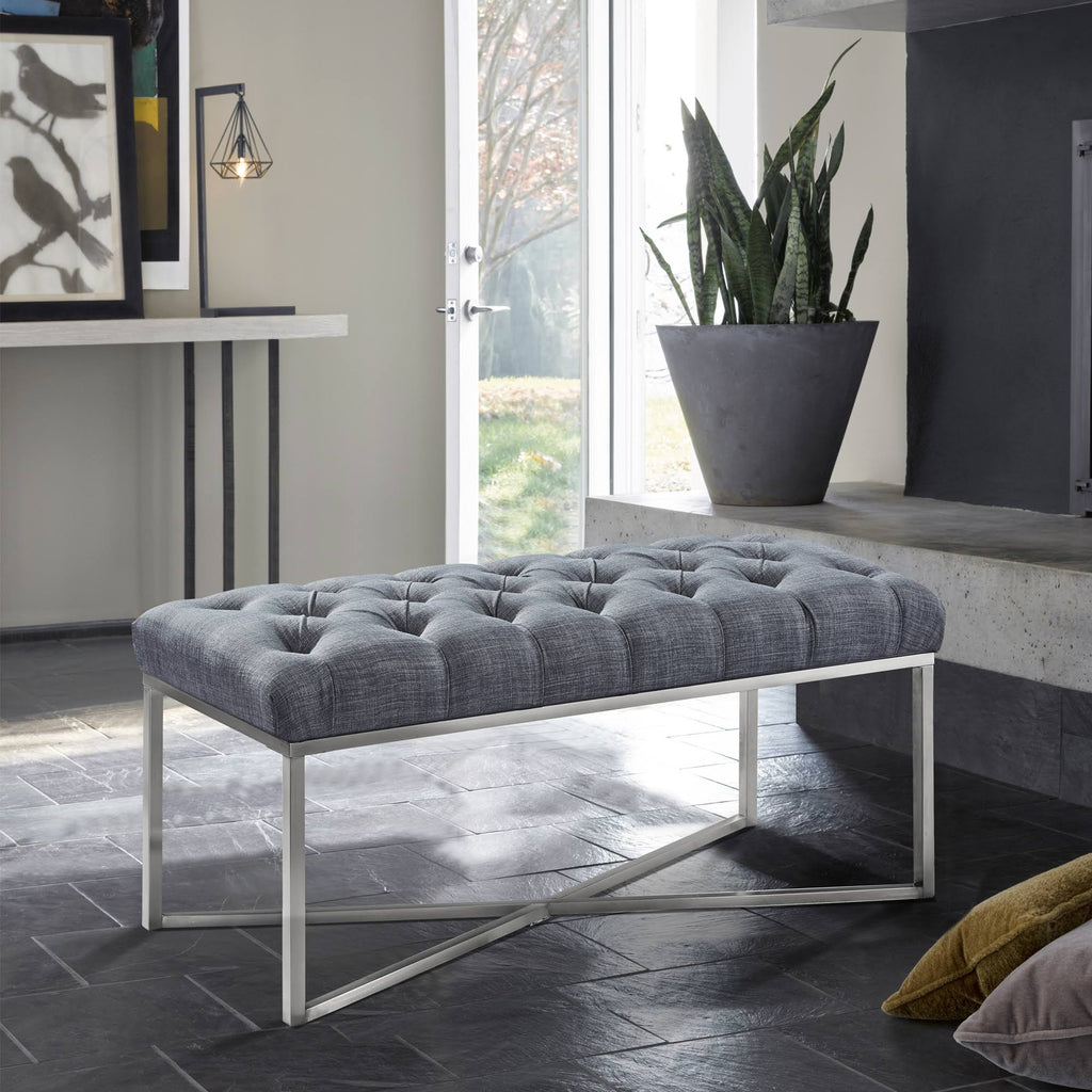 Slate Grey Linen Bench with Brushed Stainless Steel S2359