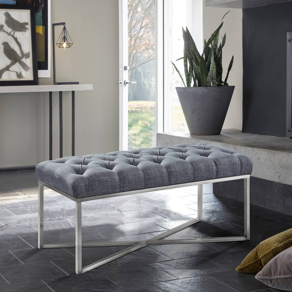 Slate Grey Linen Bench with Brushed Stainless Steel S2359