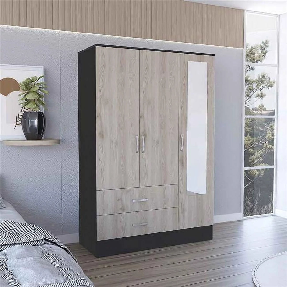 Black Light Gray Mirrored Armoire O8235