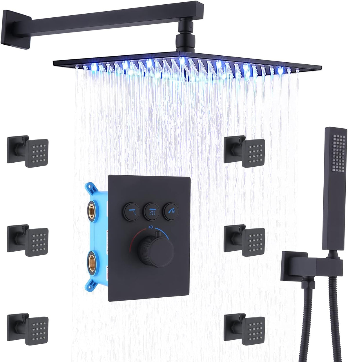 16 Inch Rain Shower Head System with Body Jets and Handheld, Matte Black H65110