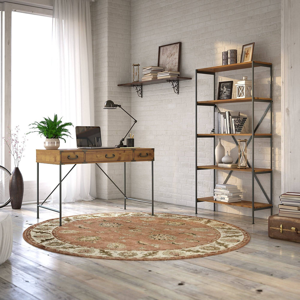 48W Writing Desk with Drawers and 5 Shelf Etagere Bookcase, Restored Gray W608