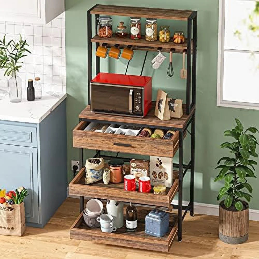 Rustic Brown 5-Tier Kitchen Bakers Rack with Power Outlets E87119