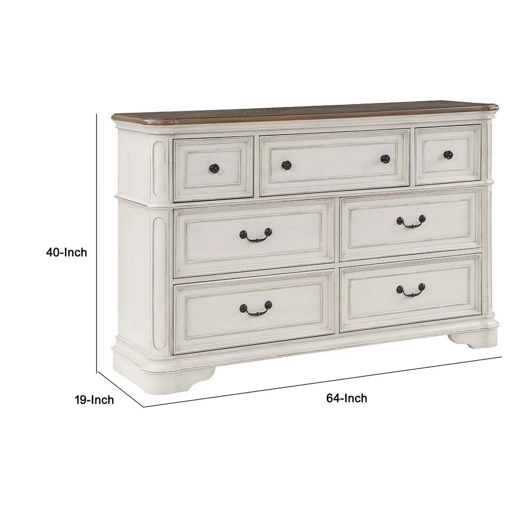 Antique White & Brown Wood Dresser with 7 Drawers V7899